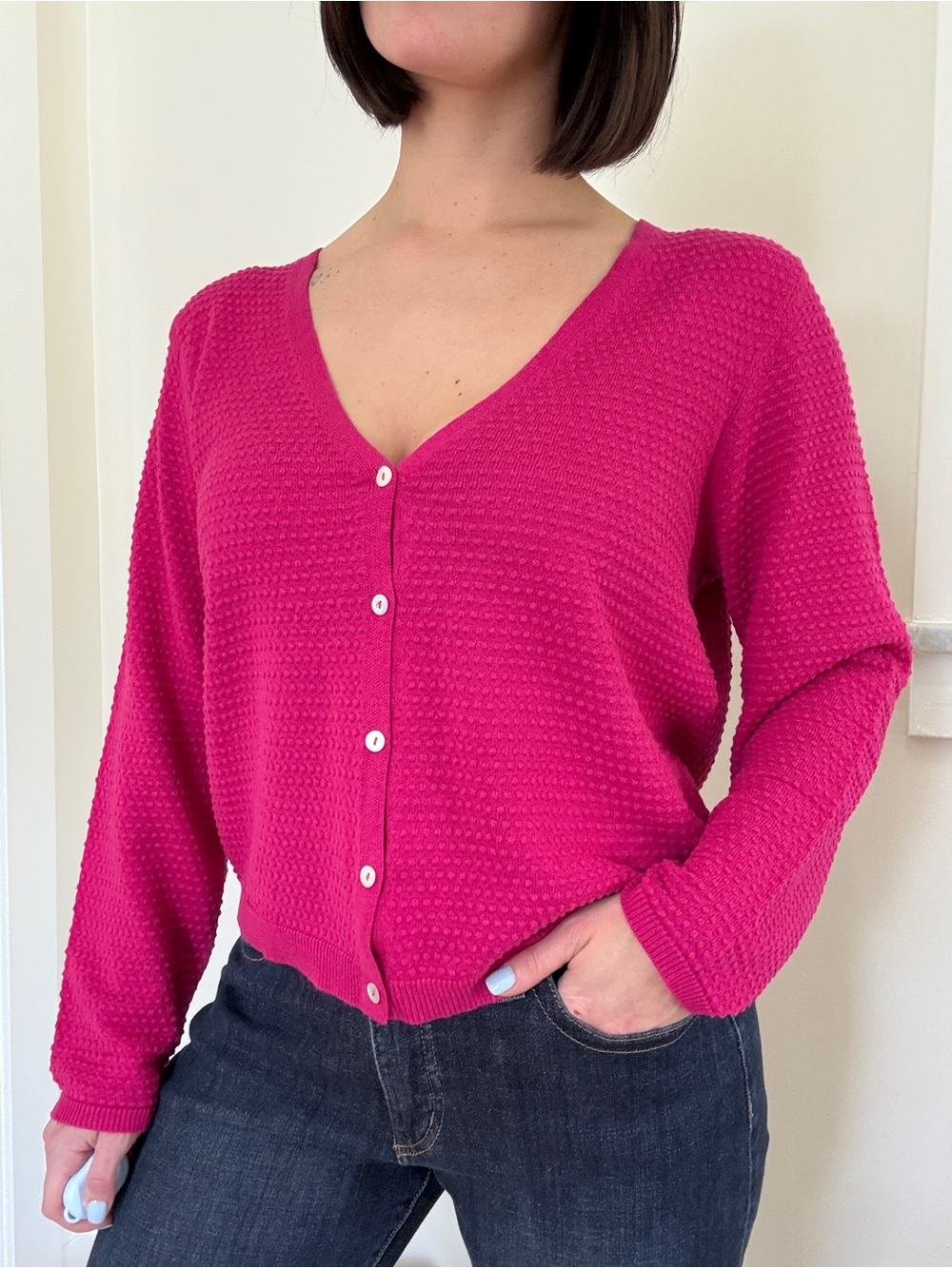 Draper James RSVP Fuchsia Textured Popcorn Knit V-Neck Cardigan Sweater XL